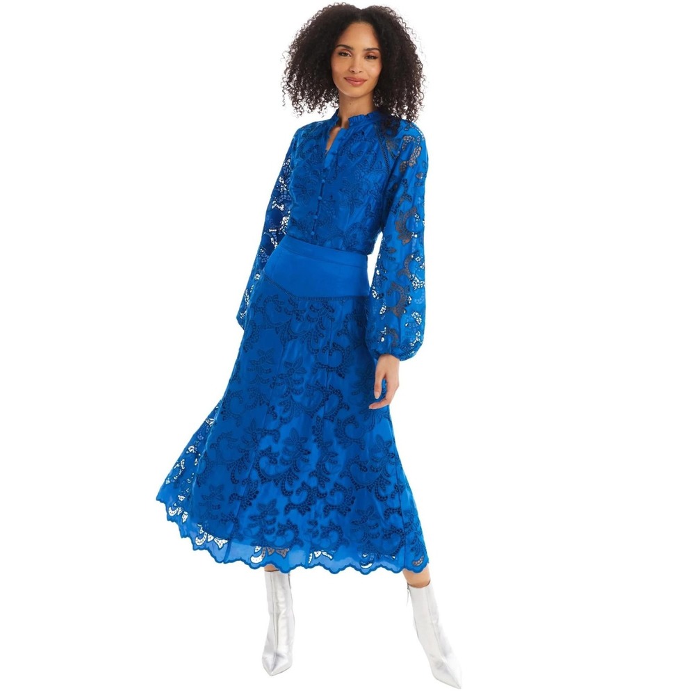 Allison New York Adeline Blouse Cobalt Blue Eyelet Lace Top XS